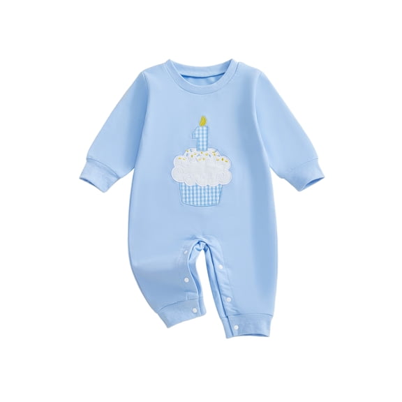 BemeyourBBs Baby Boy First Birthday Romper Long Sleeve Embroidery Cupcake Jumpsuit