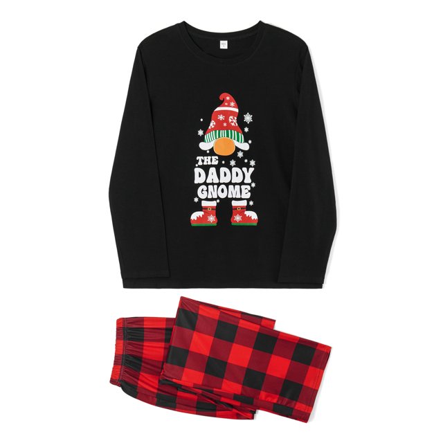 Pijamas Para La Familia Navidad Manga Larga Sombrero Estampado Tops + Pantalones A Cuadros Conjunto Ropa De Dormir ; XLPapá Negro
