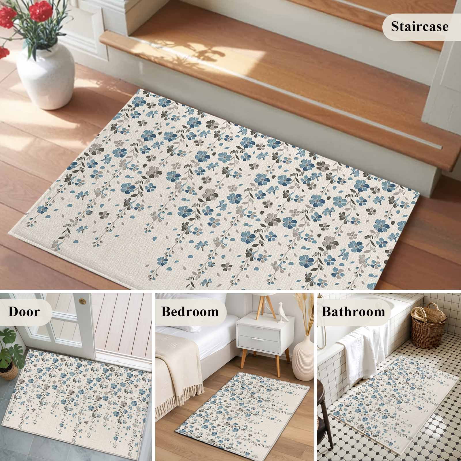Weeping Flowers Bathroom Mat 2x3 FT, Non Slip Small Kitchen Mat, Blue Grey Spring Floral Botanical Rustic Burlap Washable Soft Backed Front Door Throw Rug Indoor Outdoor Doormat for Entryway Sink