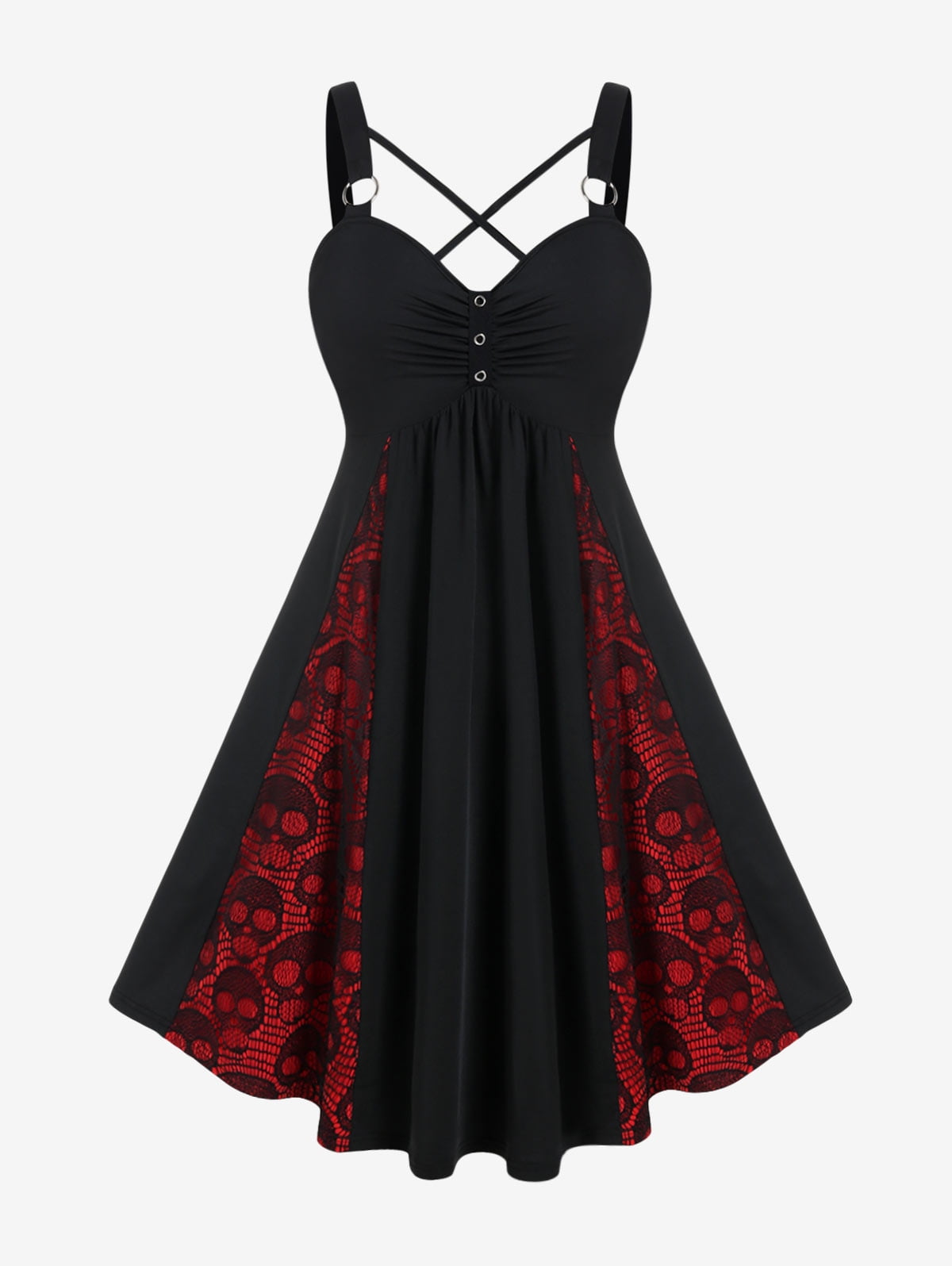 Cap-Sleeve Off-Shoulder Lace Panel Ruched Crop Top / High Waist Paisley Print Maxi A-Line Skirt / String Belt / Set main image 1