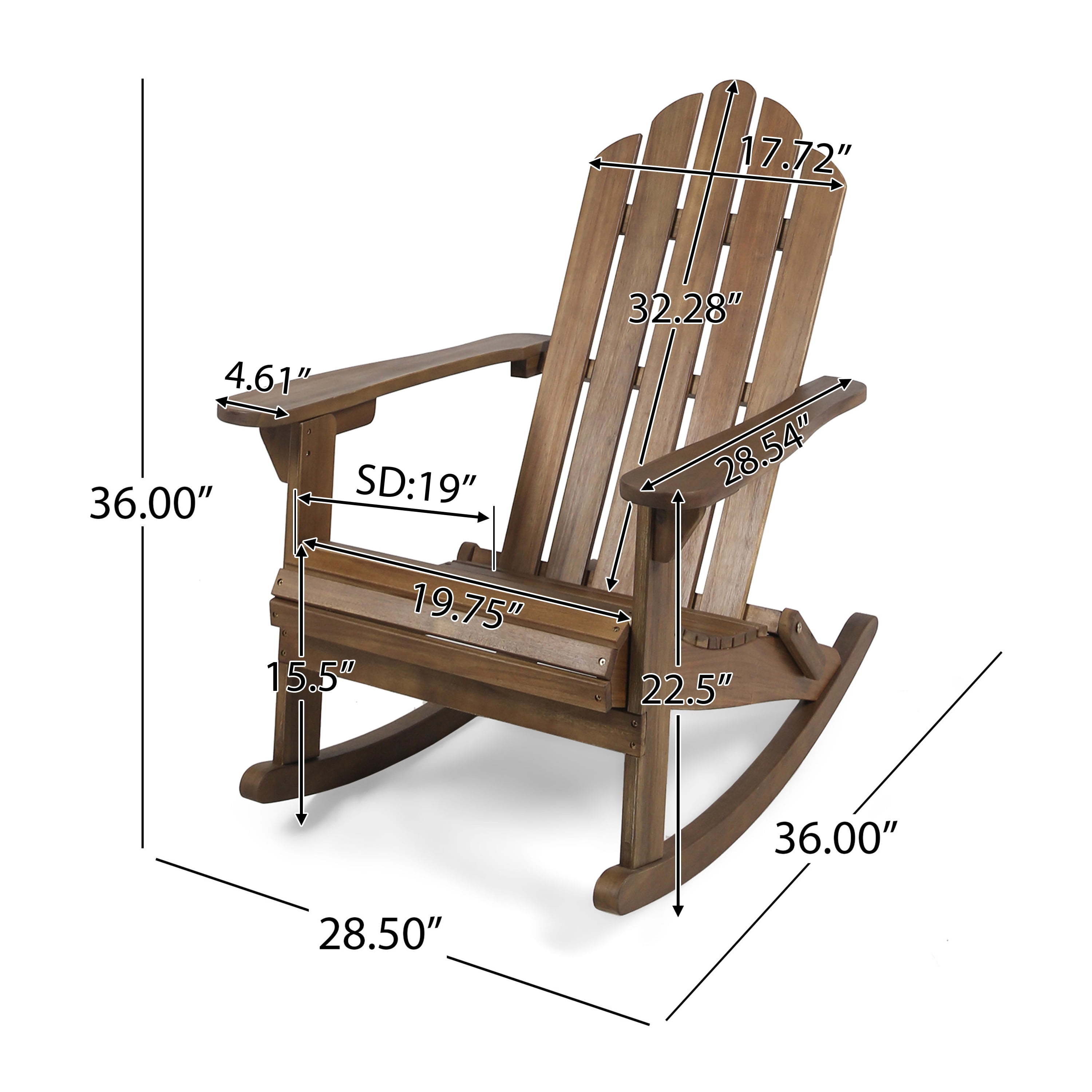 Outdoor Adirondack Rocking Chair, Solid Acacia Wood Swing Rest Seat for Patio Garden, Dark Brown