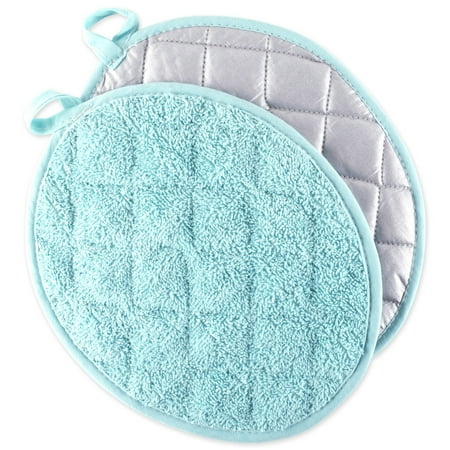 Aqua Terry Cloth - Set of 2 Aqua Blue and Silver Colored Terry Cloth Oval Potholders 9.5