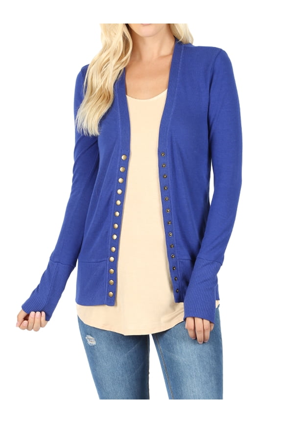 Women Classic Thin Snap Button Front V-Neck Button Down Long Sleeve Ribbed Knit Cardigan