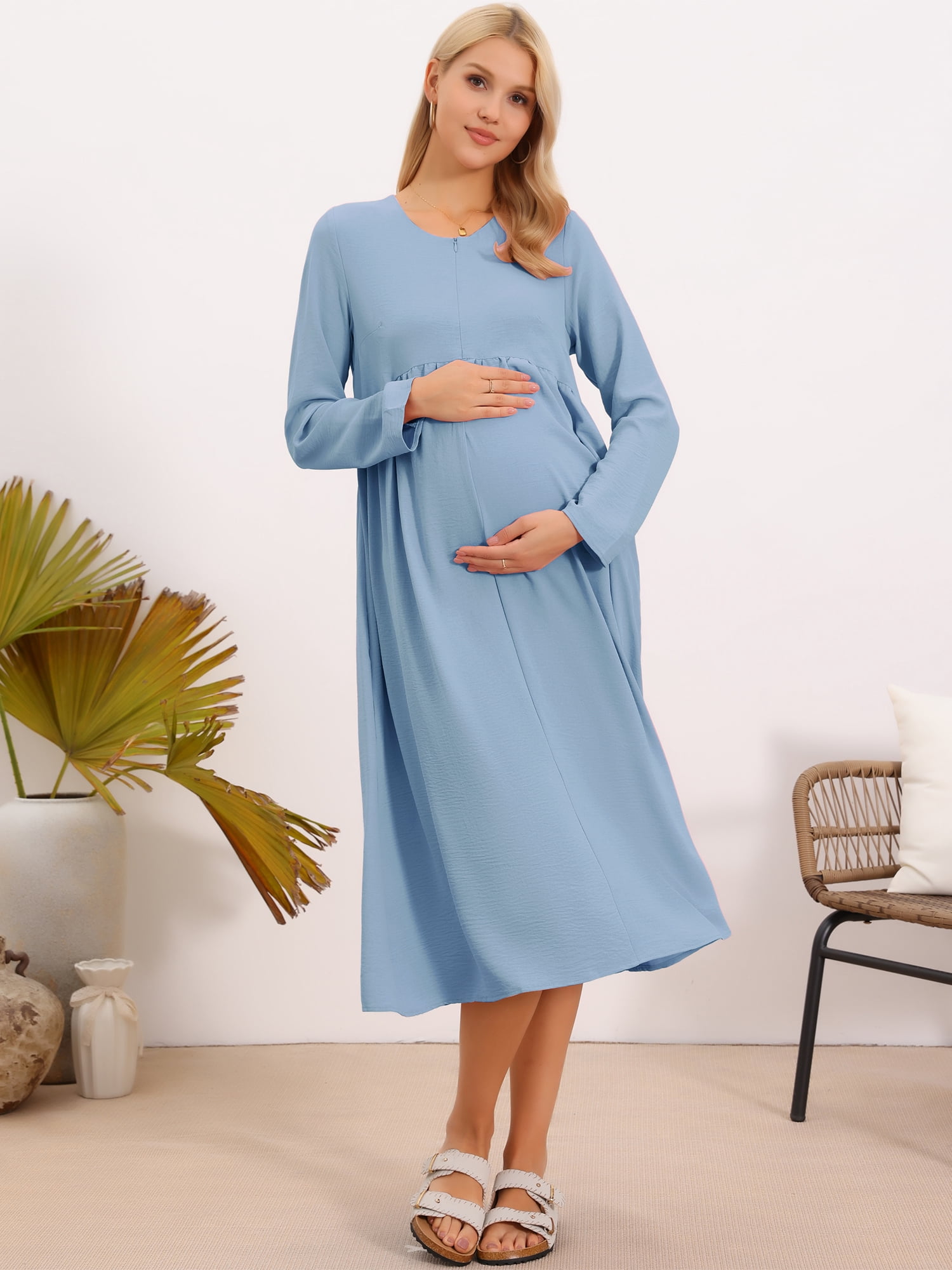 DARING DIVA Women's Maternity Nursing Dress Long Sleeve Midi Round Neck Pleated M Blue