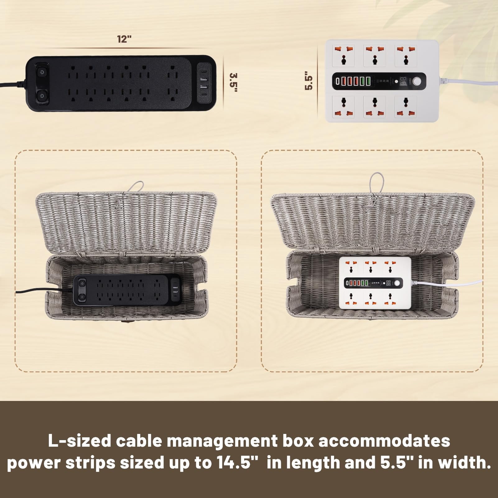 Cable Management Box  Rattan Style Cord Organizer For Desk Hider Outlet Covers Proofing Power Strip Tv Pc Router Under Storage With Lockable Lid And Ties