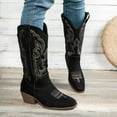 thumbnail image 2 of Rokment Women's Roman Wide Mid Calf Cowboy Boots Fall Winter Vintage Embroidered V Cut out Slip on Western Cowgirl Tall Boots, 2 of 7