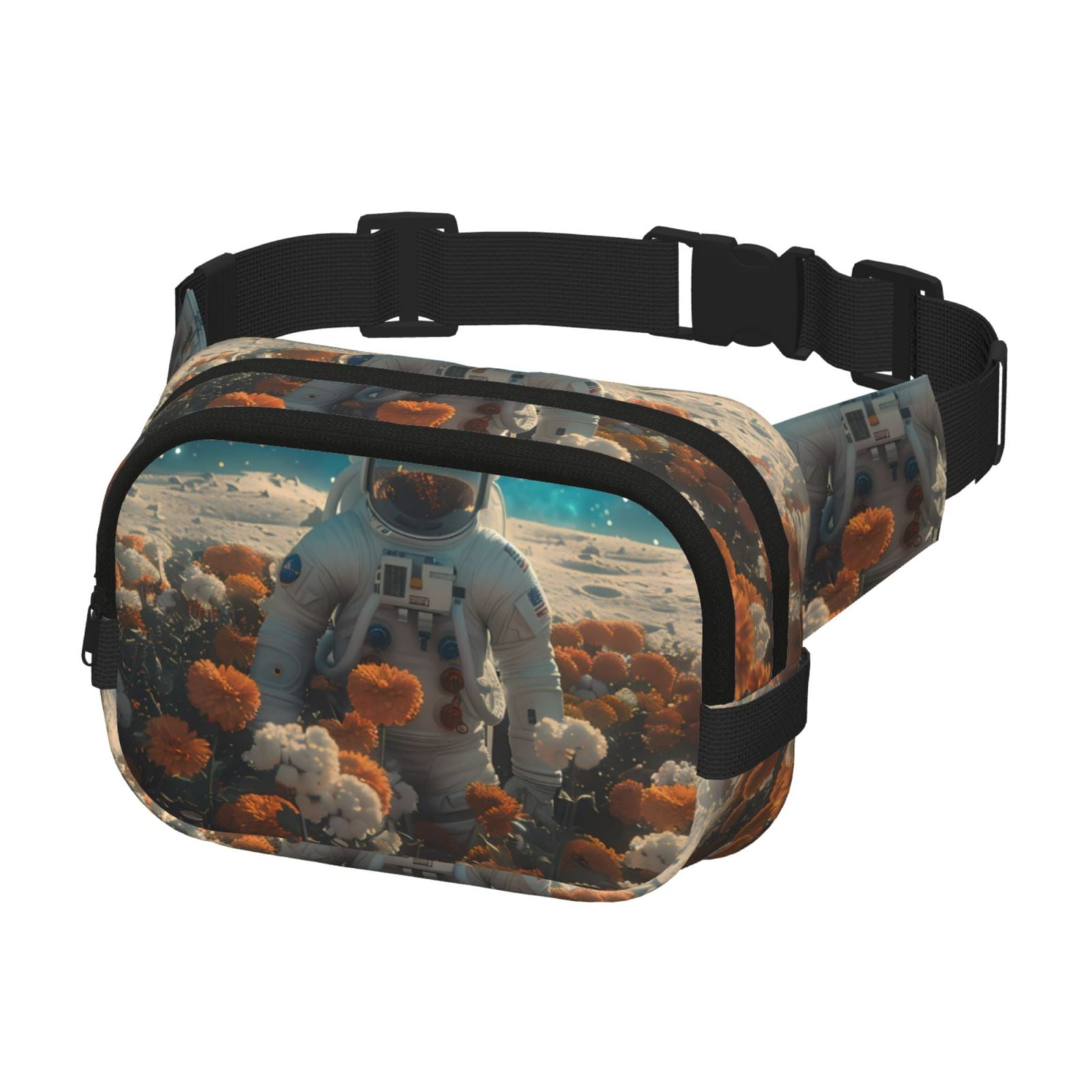 Picia Astronaut Flower Field Print Square Double-Layer Waist Bag Mini Adjustable Waist Belt Bag Exercise Running Travel Hiking