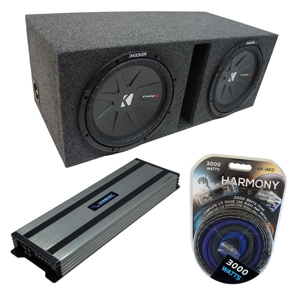 Universal Car Stereo Vented Port Dual 12 Kicker CompR CWR12 Sub Box & HA-A1500.1