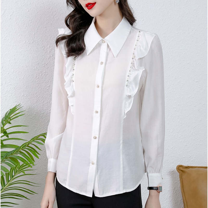 DanceeMangoo Spring White Ruffles Women Blouse Fashion Pearl Chain  Single-breasted Blouses Korean Turndown Collar OL Shirts