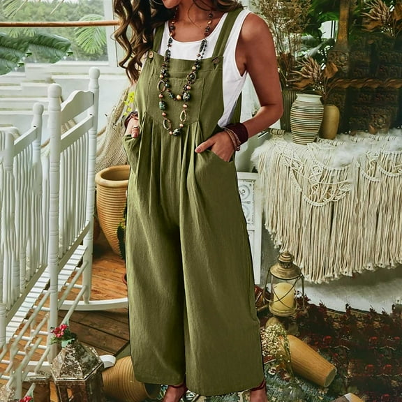 Aueoeo Jumpsuits for Women Casual, Women's Casual Sleeveless Jumpsuits Solid Color Cotton Linen Rompers Wide Leg Pants Side Button Jumpsuits with Pockets