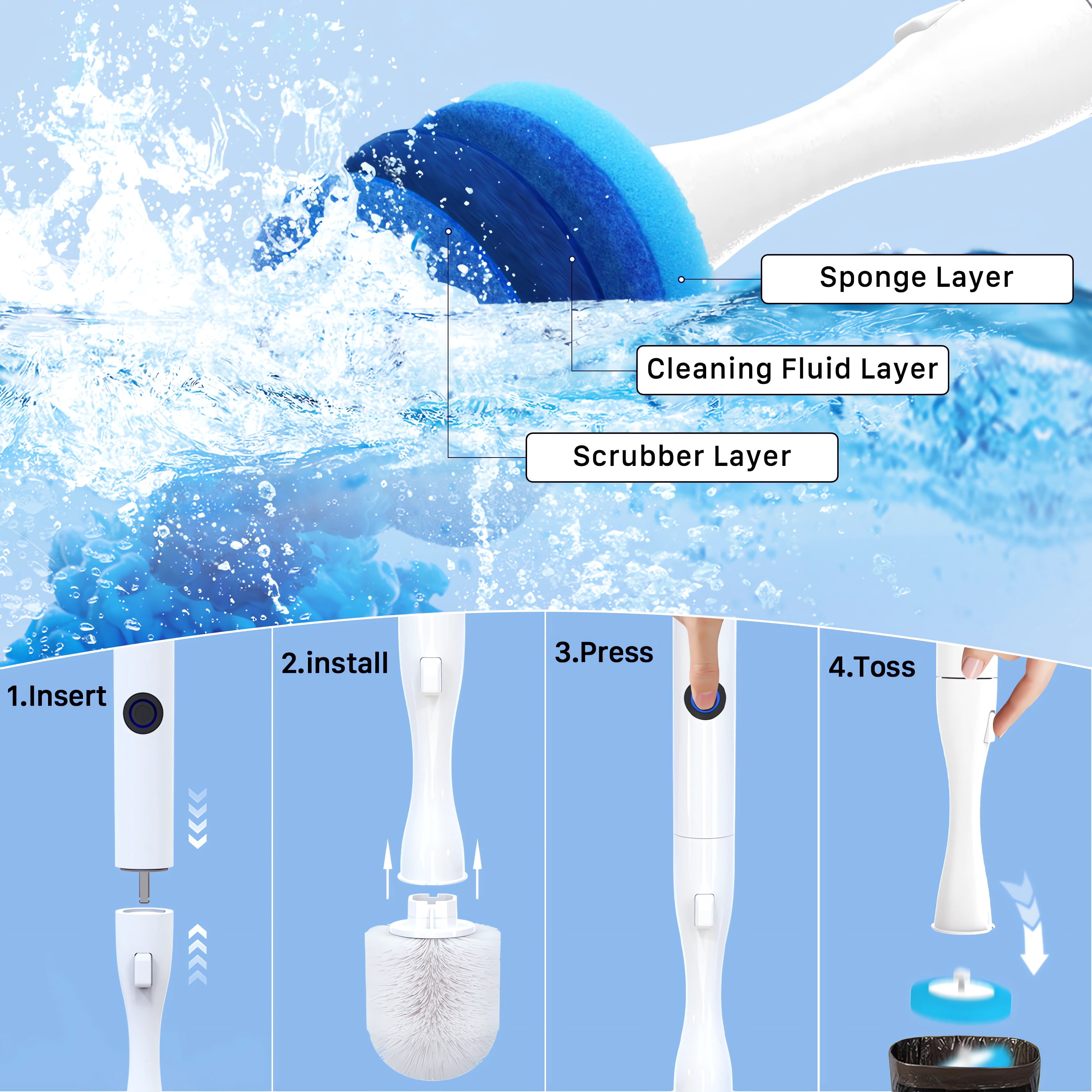 Hillyfe Electric Toilet Brush and Holder, Cordless Rechargeable Cleaning Scrubber with Nylon Head, 15 Disposable Refill Heads, Wall-Mount Hook