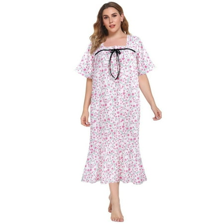 

Women Nightgowns Short Sleeves Comfy Ladies Nightdress Lightweight Floral Housecoat Plus Size