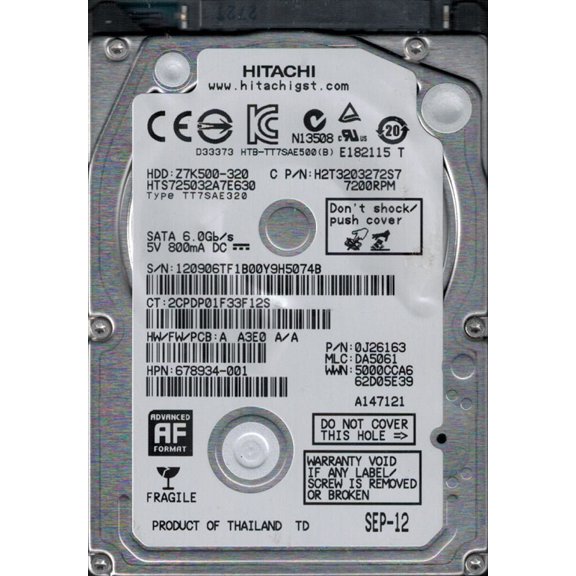 Hitachi HTS725032A7E630 MLC: DA5061 P/N: 0J26163 Thailand 320GB