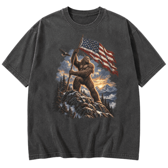 Lotusprint LLC Patriotic Bigfoot Classic Unisex T-Shirt Comfort, America Flag Mountain Graphic Tee