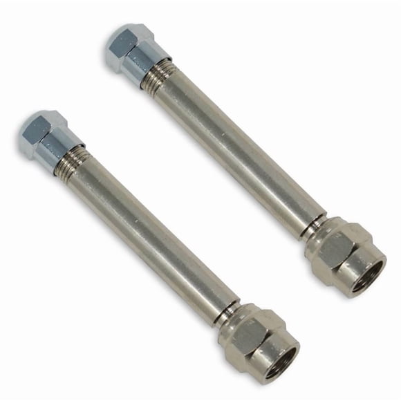 Minder Research Valve Stem Extension TM22302VP TireMinder; 2 Inch Length; Stainless Steel; Polished; Silver; With Cap; TPMS Compatible; Set Of 2; Not Recommended For Use With Rubber Valve Stems