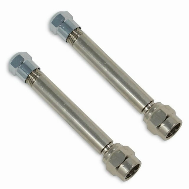 Minder Research Valve Stem Extension TM22302VP TireMinder; 2 Inch Length; Stainless Steel; Polished; Silver; With Cap; TPMS Compatible; Set Of 2; Not Recommended For Use With Rubber Valve Stems