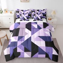 Manfei Chic Abstract Stripes Bedding Comforter Set 7 Pieces for Adult, Purple Rectangle Geometric Full Bedding Set, Retro Artwork Reversible Fitted Sheet Flat Sheet, Super Cozy Room Decor