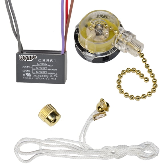 HQRP Kit Ceiling Fan Capacitor CBB61 5uf 5uf 5uf 5-Wire and 3-Speed Fan Switch