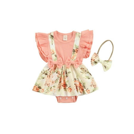 

Binpure Infant Baby Girls Summer Romper Ruffled Fly Sleeve Floral Printed Dress-Like Patchwork Bodysuit+Bow Headband