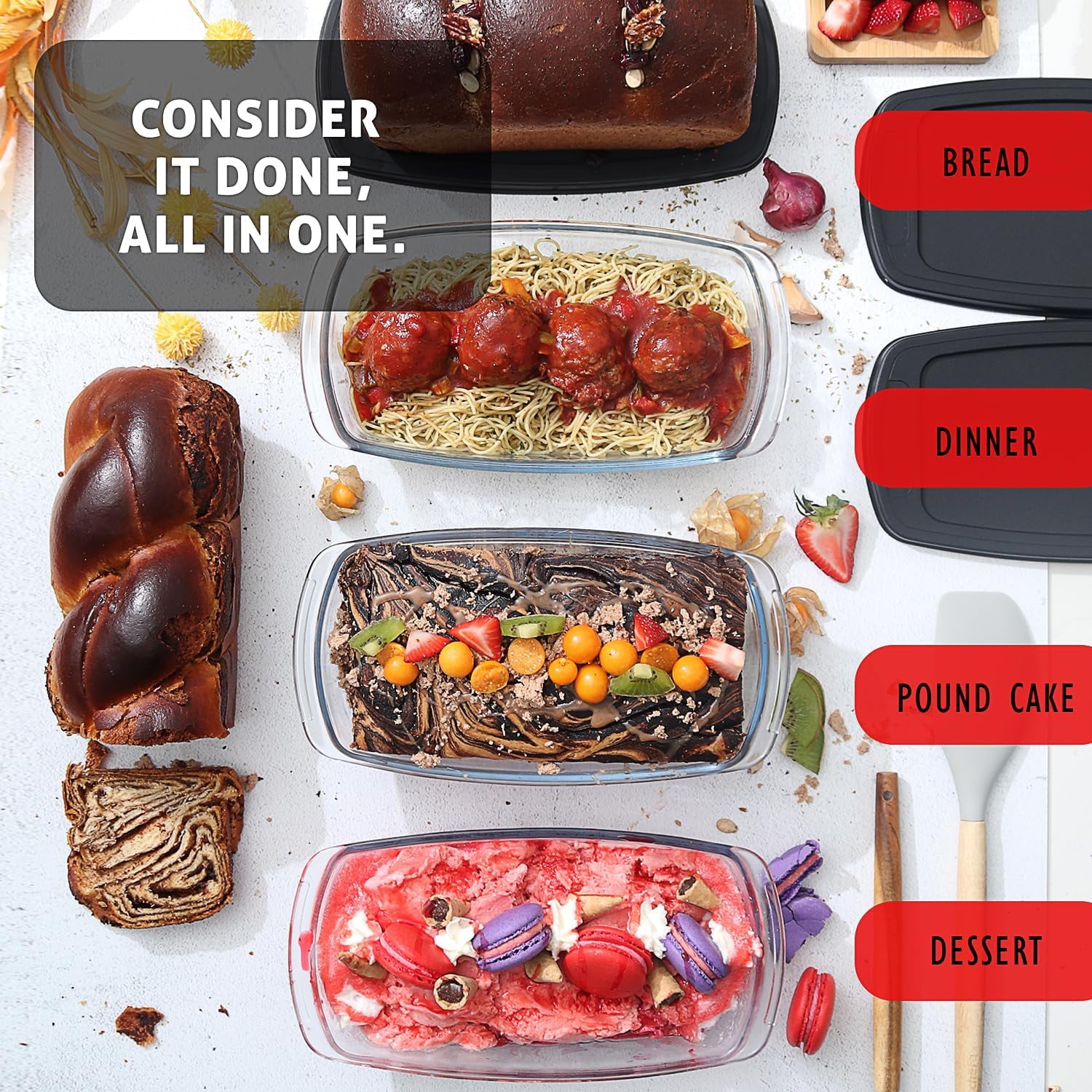 Glass Bread Pans for Homemade Bread Baking, 1.9 Quart Deep Rectangular Glass Food Storage Containers with Lids, 3 Bread Loaf Pans 3 Airtight Lids Black BPA Free Microwave Oven & Freezer Safe