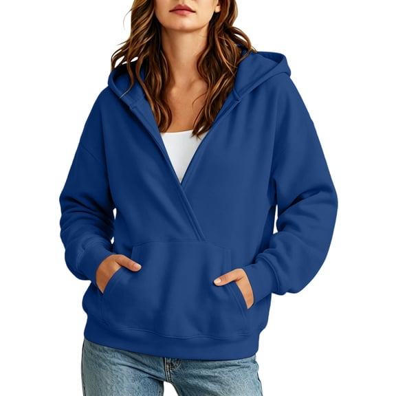QQZ 2026 Fall Winter Wrap V Neck Pullover Hoodies For Women, Loose Sweatshirt For Women, Comfy Hoodies For Women With Kangaroo Pocket