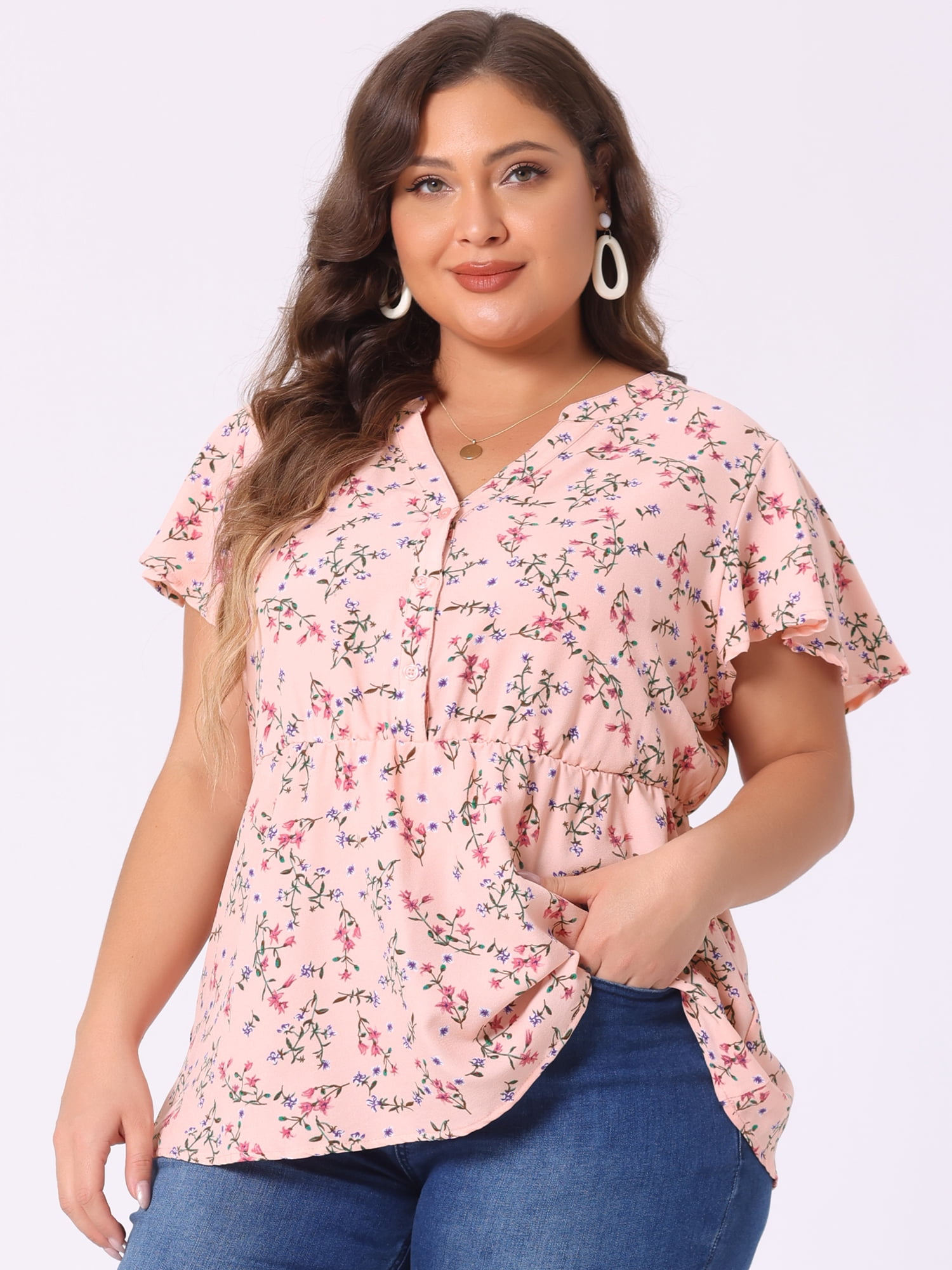 DARING DIVA Women's Plus Floral Elastic Waist Lightweight Chiffon Blouse 4X Pink