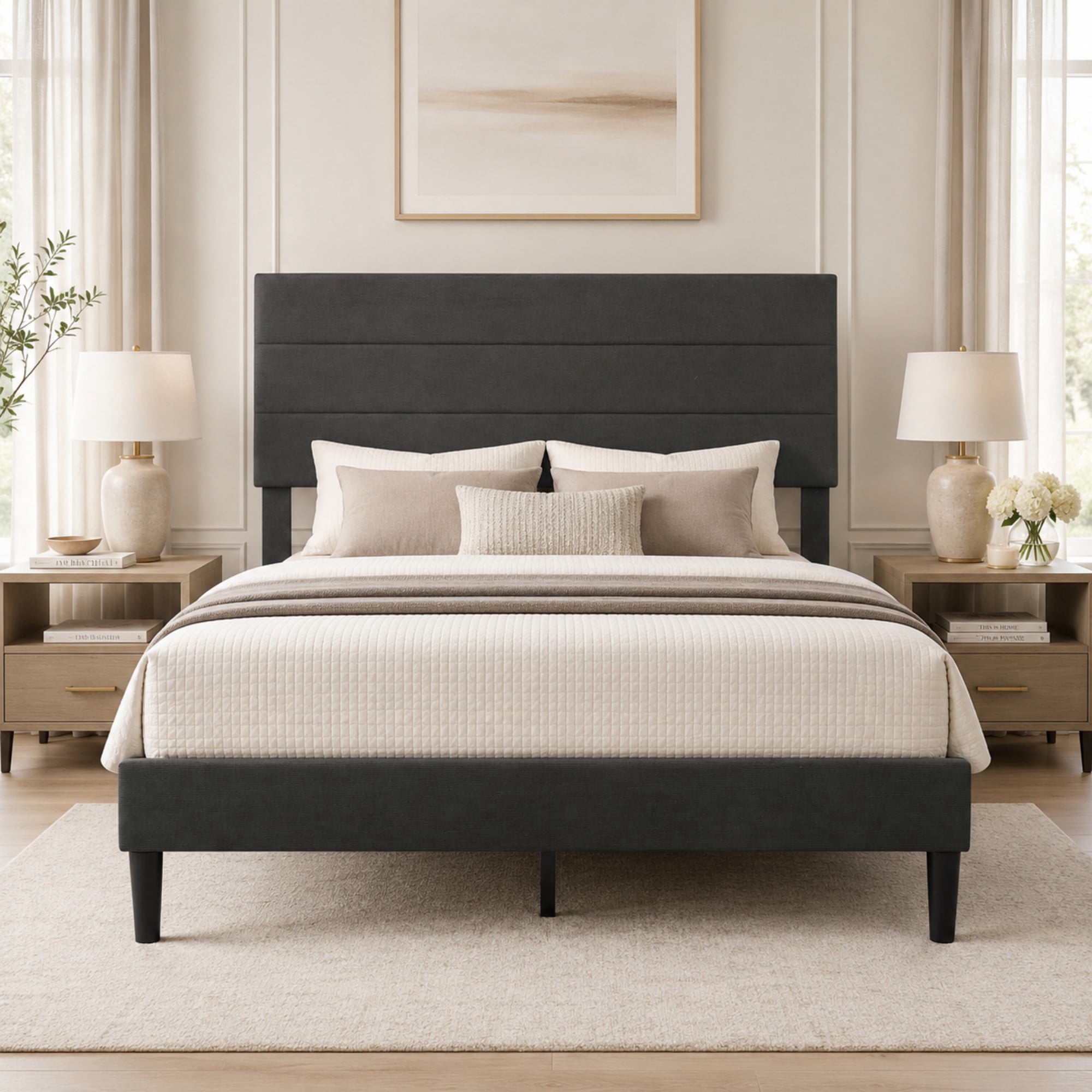 BSHTI Full Size Corduroy Upholstered Platform Bed Frame with Soft Headboard, Wood Slats, No Box Spring Needed for Bedroom（Grey）