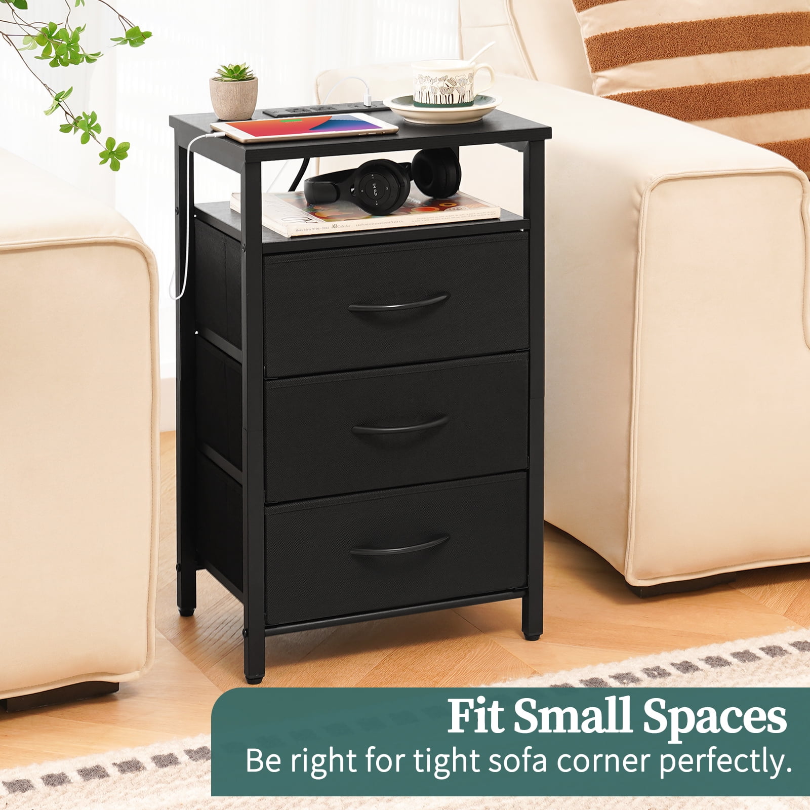 Night Stand with Charging Station, LED Nightstand with USB Ports and Outlets, End Table with Fabric Drawers and Storage Shelf, Black
