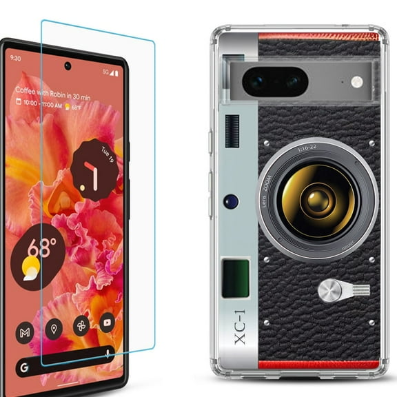 OneToughShield ® for Google Pixel 7a Shockproof Bumper Phone Case, with Tempered Glass Screen Protector - Vintage Camera