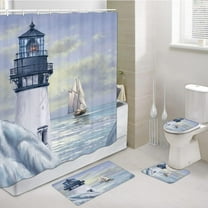 4PCS Set Coastal Lighthouse Shower Curtain, Nautical Blue Ocean Sailboat Shower Curtain Sets for Bathroom with Non-Slip Rugs, Toilet Lid Cover and Bath Mat
