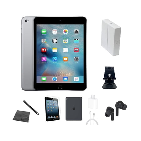 Refurbished Apple iPad Mini 4 A1538 (WiFi) 16GB Space Gray Bundle w/ Case  Box  Bluetooth Earbuds  Tempered Glass  Stylus  Stand  Charger