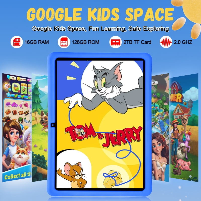 Kids Tablet, 10 inch Android 15 Tablet for Kids, 16GB+128GB Quad-Core Toddler Tablets with Shockproof Case, BT5.0, WiFi 5, Parental Control, Games, Dual Camera
