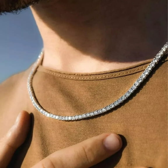 17Ct Round Lab Created Diamond Men Tennis Necklace 14K White Gold Plated
