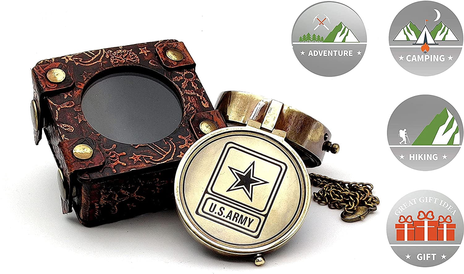 5MOONSUN5's US Army Engraved Brass Military Compass Nautical Marine Gift A Perfect and Unique Gift for Army Person Survival Navigation Compass for Hiking Camping Hunting with Leather Display Case