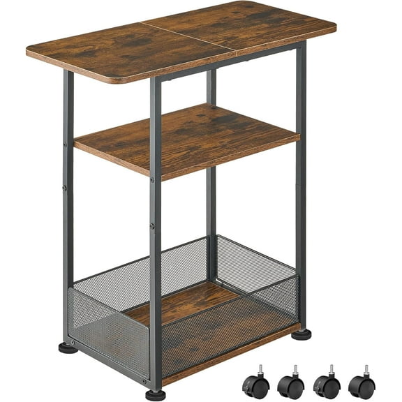 Side Table with Wheels, Narrow Side Table with 3-Layer Storage Shelves, Slim Nightstand, Metal Frame, for Small Spaces, Living Room, Bedroom, 23.6" D x 11.8" W x 25.2" H, Rustic Brown