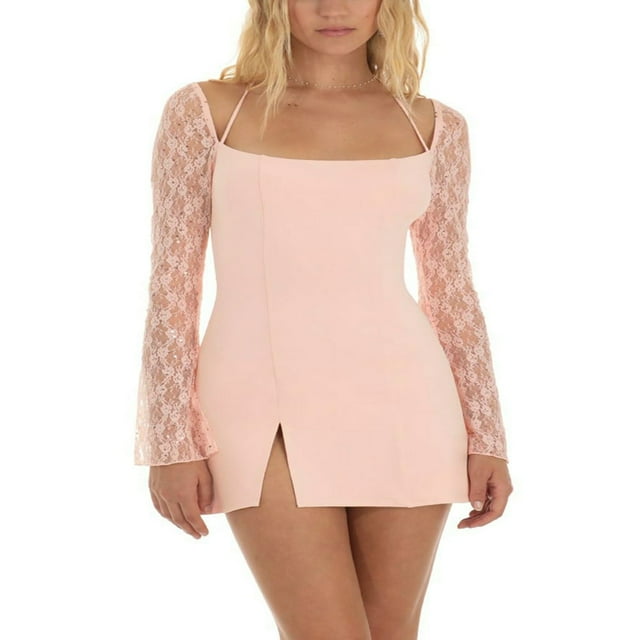 Robe Courte Tendance pour Femmes avec Manches en Dentelle, Dos Nu et Ourlet Fendu