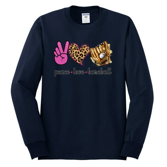 Peace Love Baseball Sports Mens Long Sleeve Shirt, Navy, Large