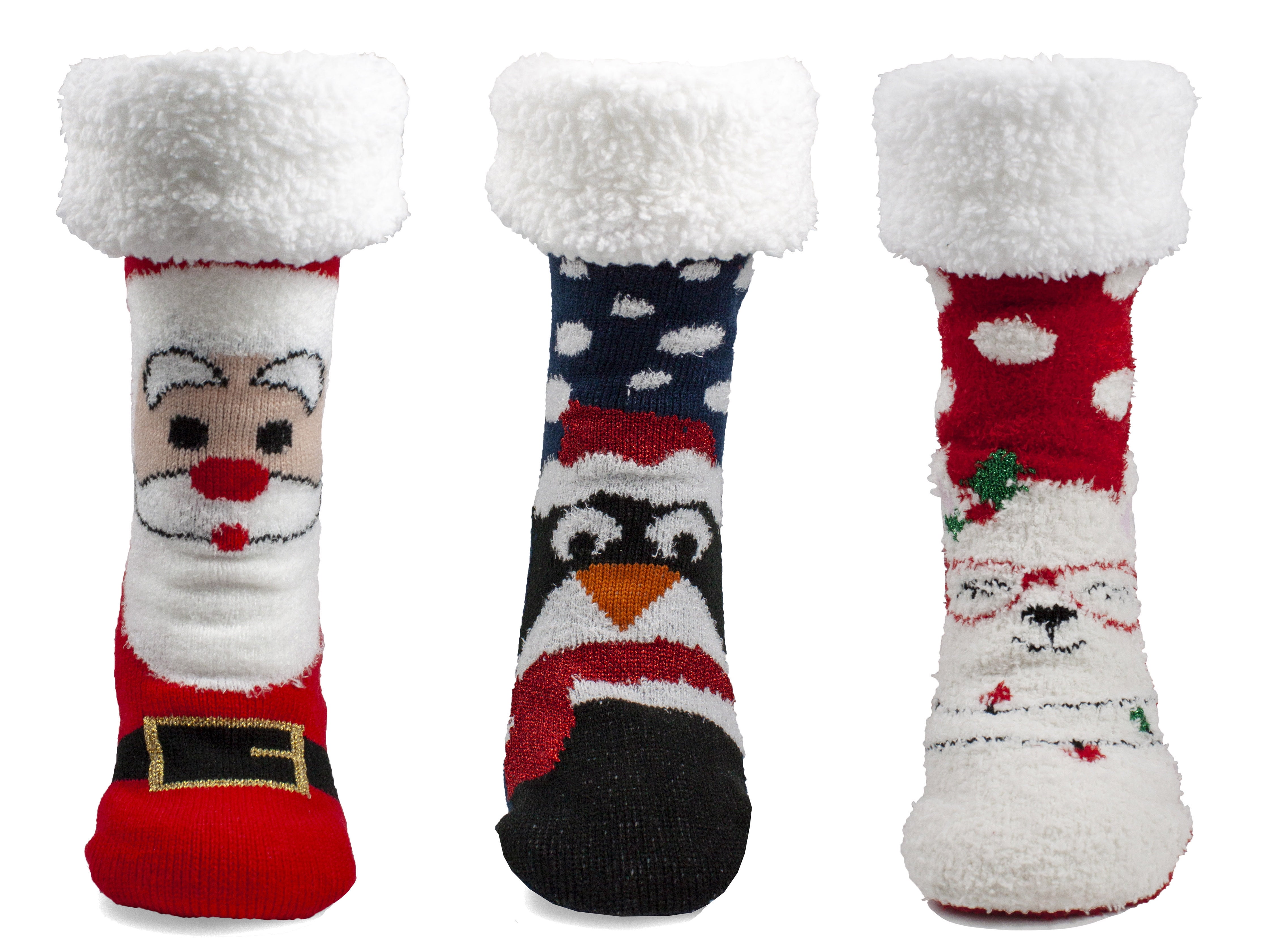 Women's Holiday Sherpa Cozy Fuzzy Slipper Socks With Anti-Skid Grippers - Shoe Size 5-10 (3 PAIR 
