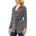 thumbnail image 4 of INSPIRE CHIC Women's Shawl Collar Asymmetrical Hem Belted Plaid Coat XS Blue, 4 of 7
