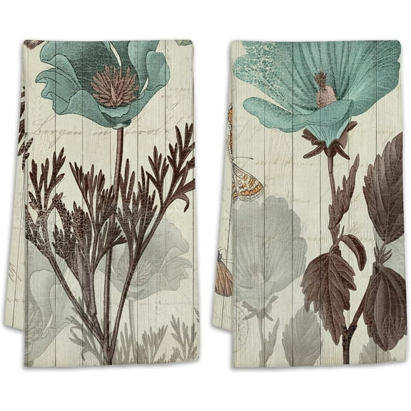 2 Pcs Retro Flowers with Butterfly Kitchen Towels,Dish Towels for Kitchen Drying,Soft Absorbent Decorative Hand Towels for Cooking Housewarming Gift