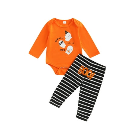 

Meihuida Infant Girl Halloween Long Sleeve Romper Pants Letter Ghost Stripe Print Spring Clothing