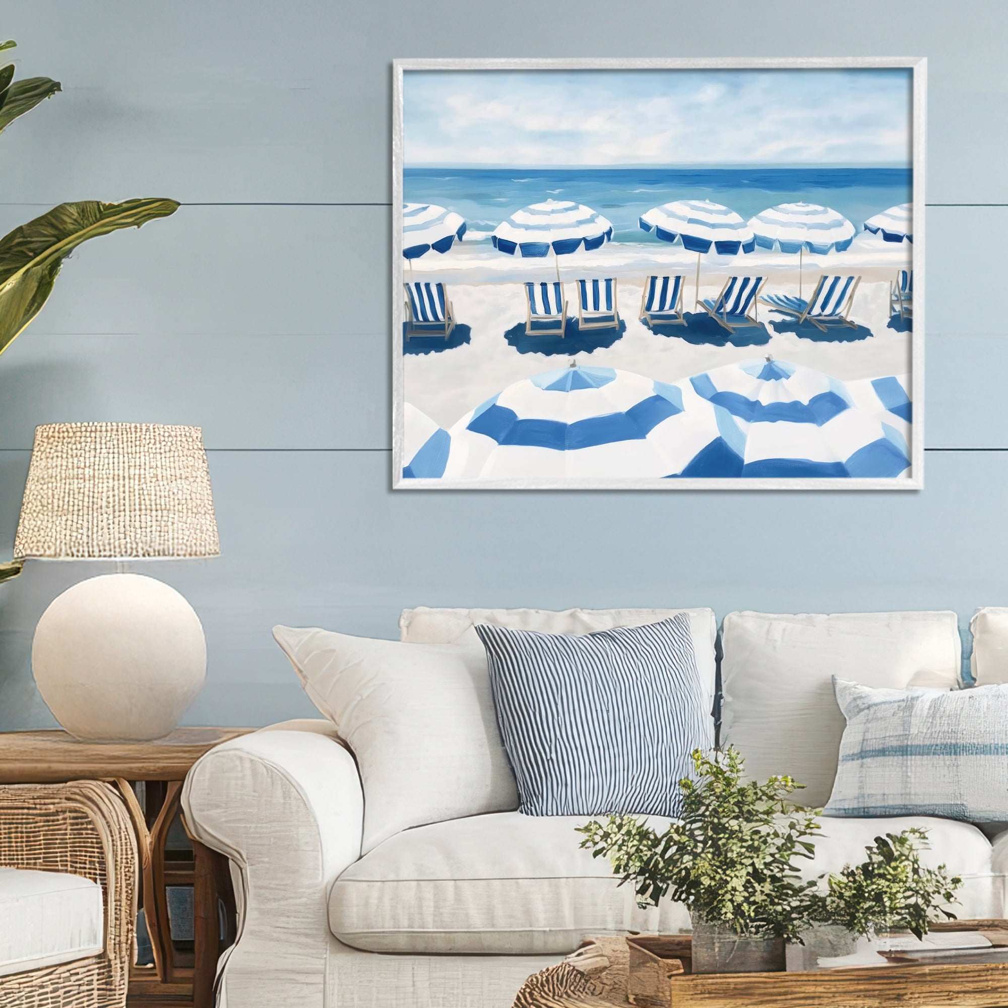 Stupell Industries Beach Nice Blue Striped Umbrellas White Framed Giclee Art, design by Sisi and Seb