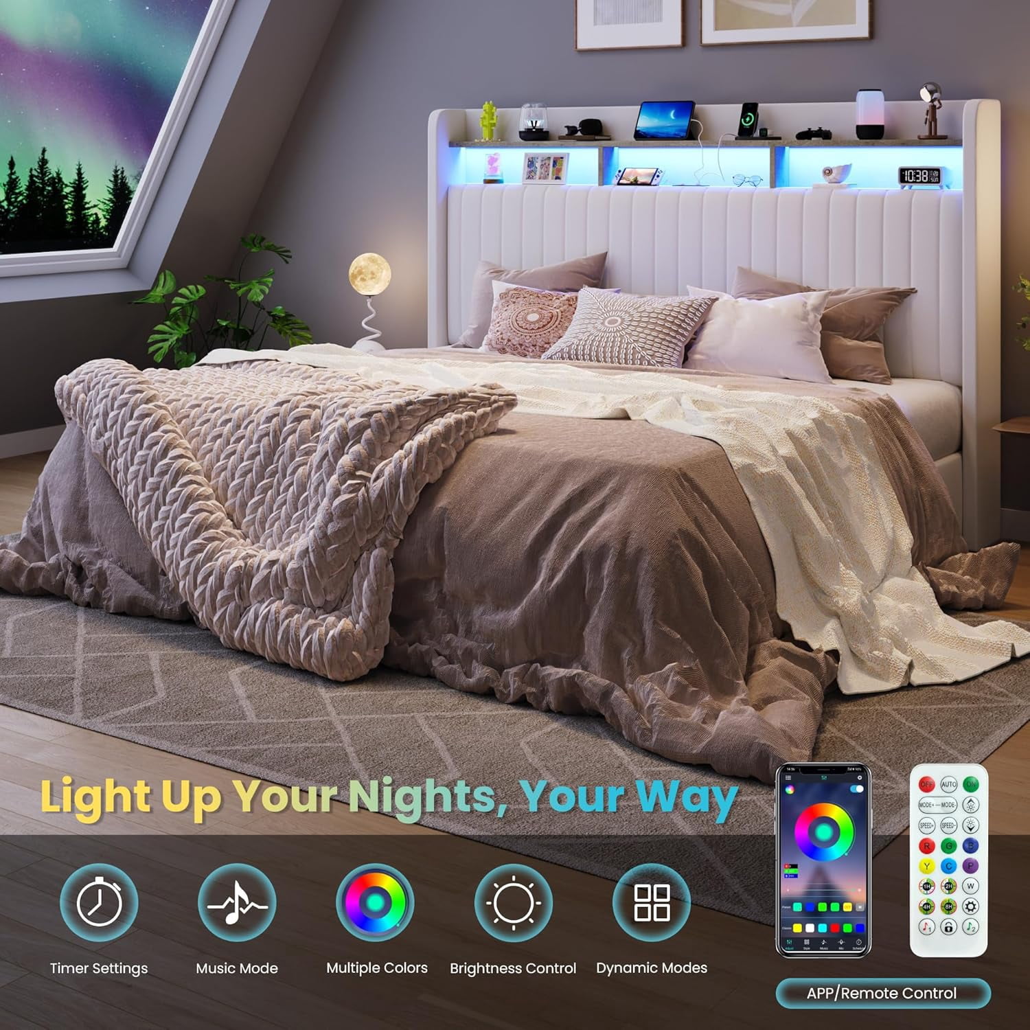 SHA CERLIN King Size Lift Up Storage Bed Frame, LED Lights, Charging Station, 2-Tier Shelves Headboard, USB Type-C Ports, Velvet Upholstered, Hydraulic Support, Noise Free, White