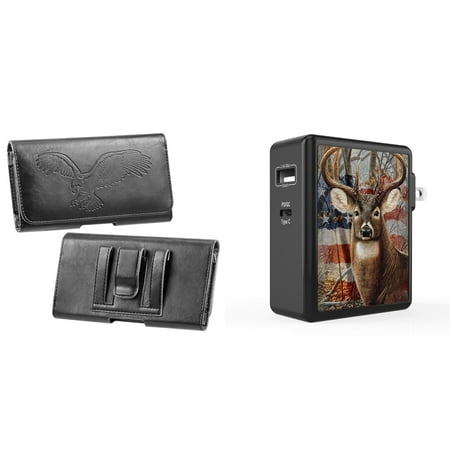 

Holster and Wall Charger Bundle for Nokia C200: Eagle Horizontal Belt Pouch Case (Black) and 45W 2 Port (Power Delivery USB-C USB-A) Power Adapter (American Deer Camo)