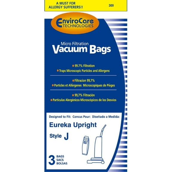 3PK, Compatible with Eureka J UPRIGHT-MICROLINED, PAPER BAGS, 309