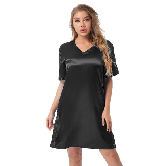 iEFiEL Womens V Neck Satin Nightgown Short Sleeve Nightdress Sleepwear Black L