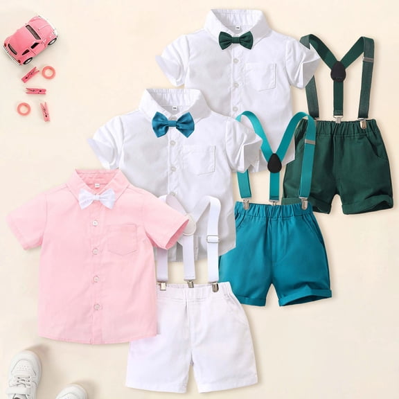RTKFRFLM Kids Professional Performance Set Short Sleeve Shirt and Suspender Pants 2 Piece Outfits for Boys Summer School Stage Show Daily Wear Blue 3-4 Years