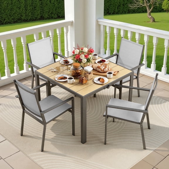 Patio Dining Set 4 Pieces Noelse Outdoor Patio Furniture with Detachable umbrella hole, Table and 4 Stackable Textilene Chairs for Porch, Poolside, Yard, Gray