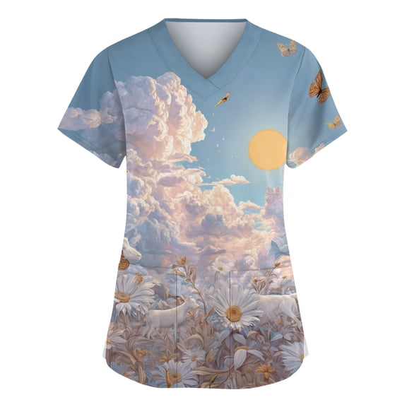Medical Scrubs Women Cloud Printed Stretch Fashion Nurse Working Uniform, Cozy V Neck Short Sleeve Pocket Tunic Tops Beige L