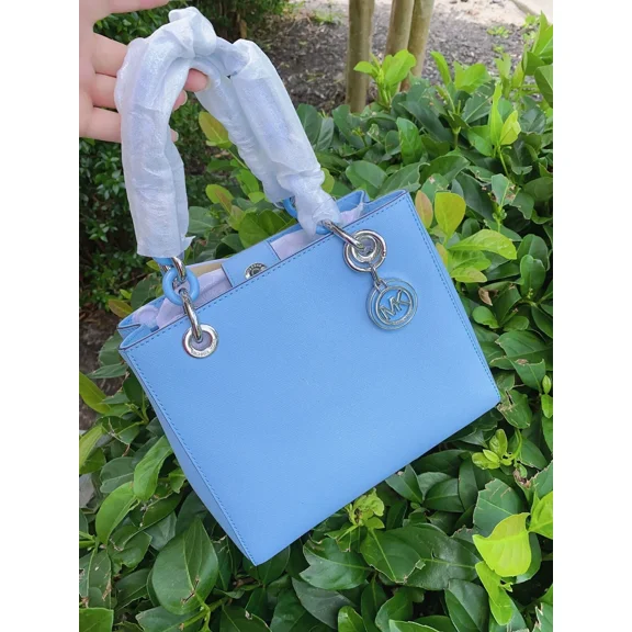 Michael Kors Women's Small Saffianlo Leather Cynthia Satchel Bag, Light Sky